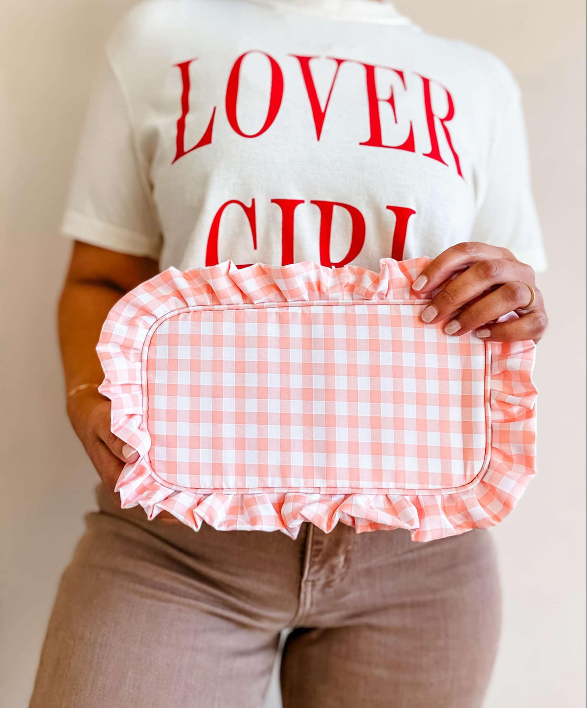 Gingham Ruffle Zipper Pouch Embroidery Friendly Cosmetic Bag: Tan