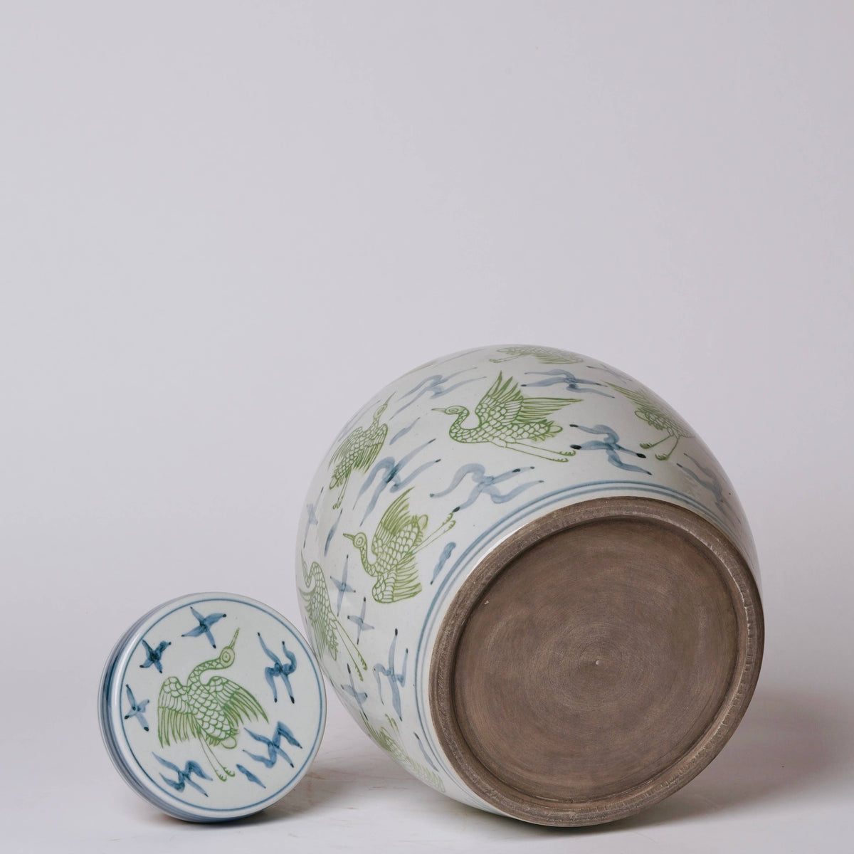 Blue and Green Porcelain Cranes and Clouds Round Storage Jar