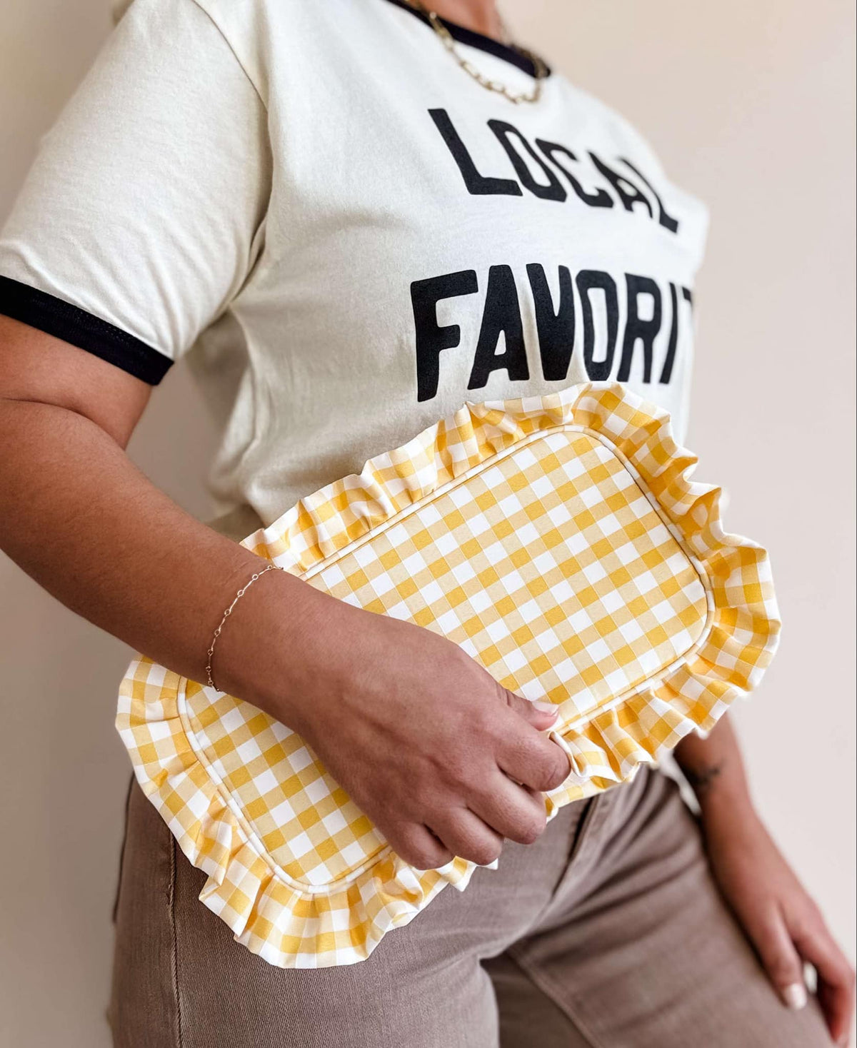 Gingham Ruffle Zipper Pouch Embroidery Friendly Cosmetic Bag: Tan