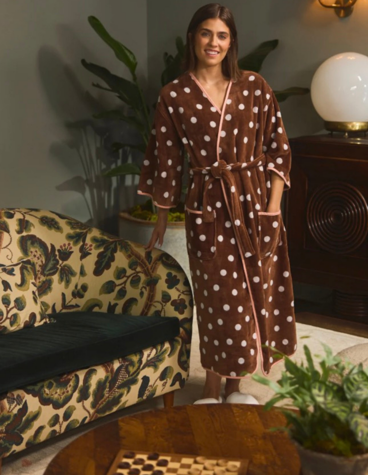 Weezie Women’s Bell Sleeve Plush Robe- Polka Dot
