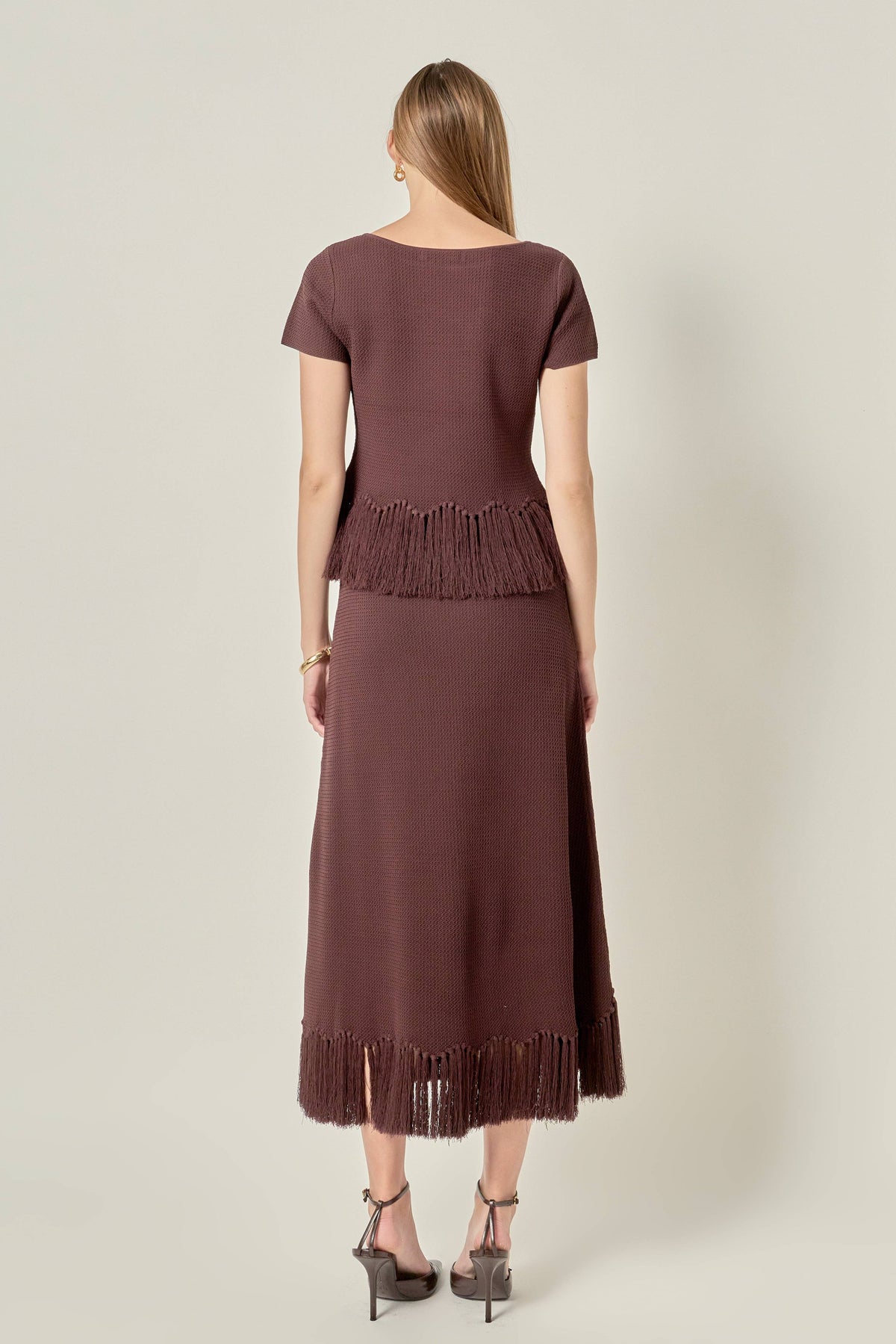 Fringe Hem Knit Midi Skirt: CHOCOLATE BROWN