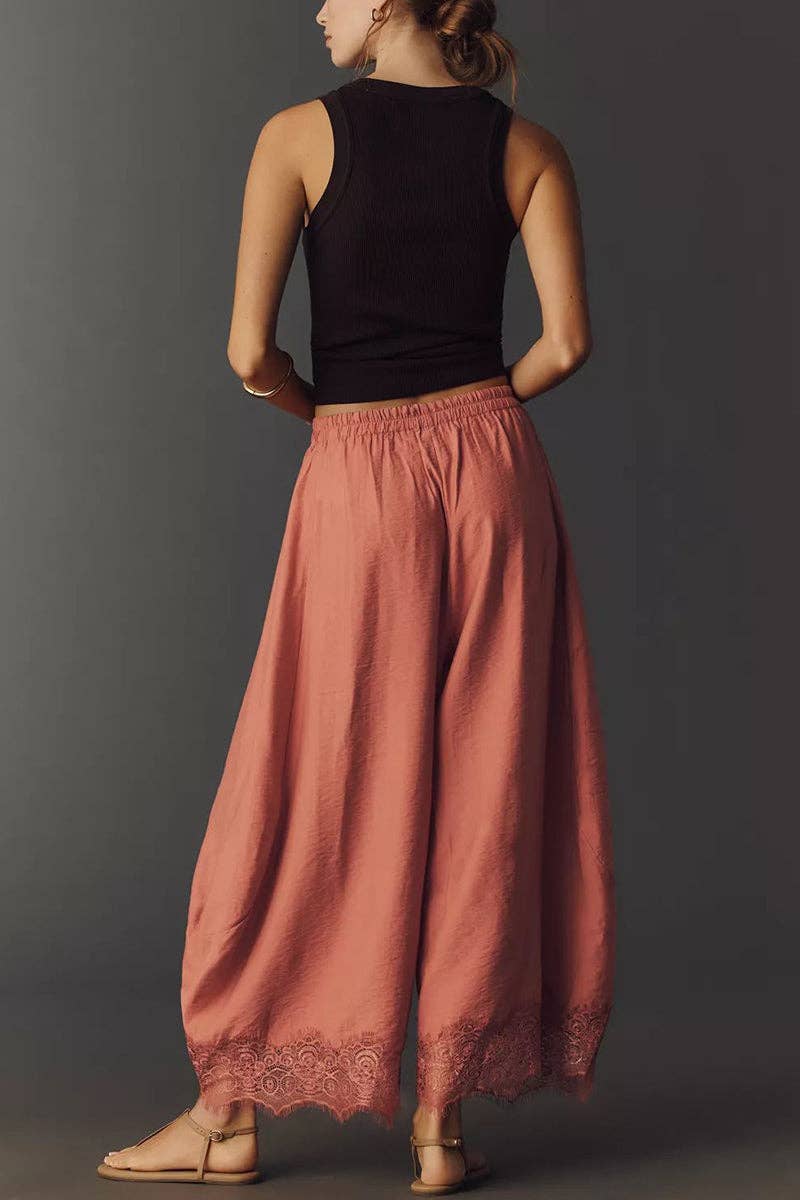 Vintage Red Wide-Leg Lace Trim Casual Pants