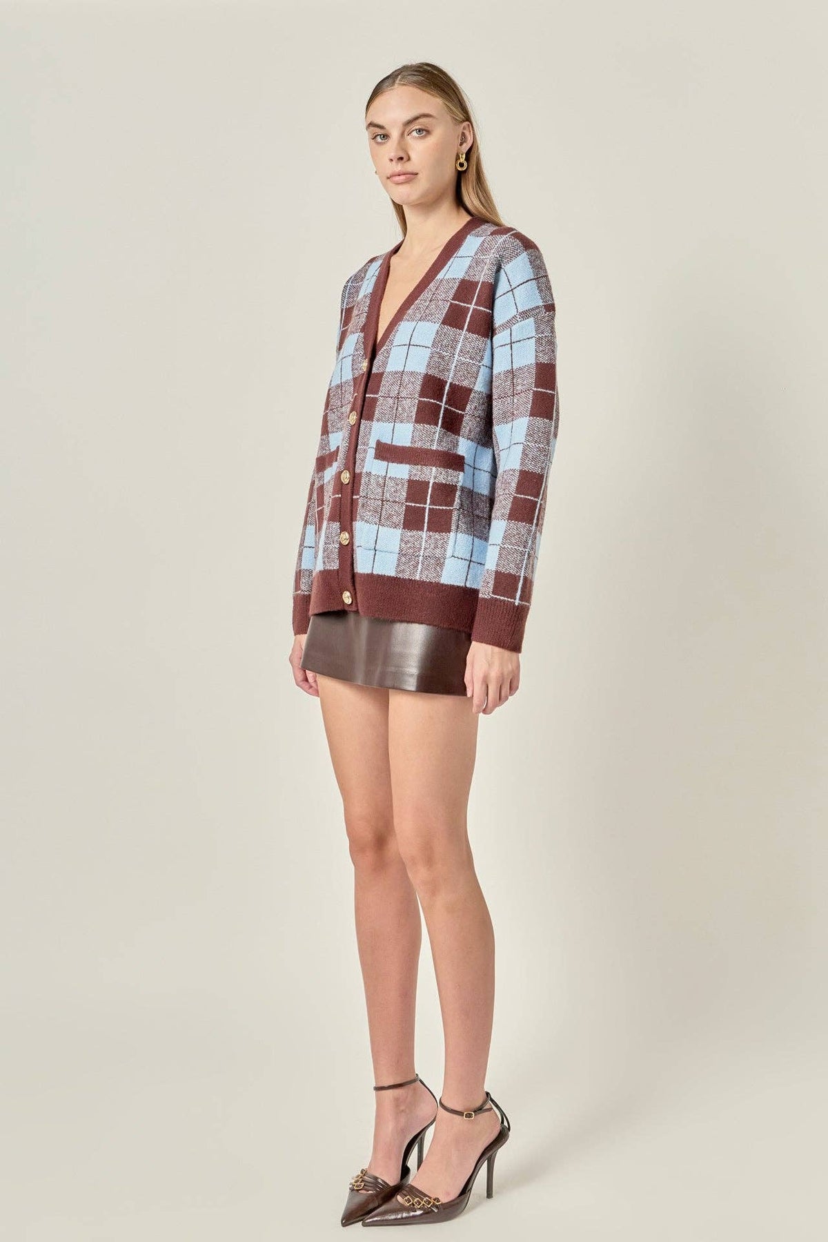Oversized Plaid Knit Cardigan