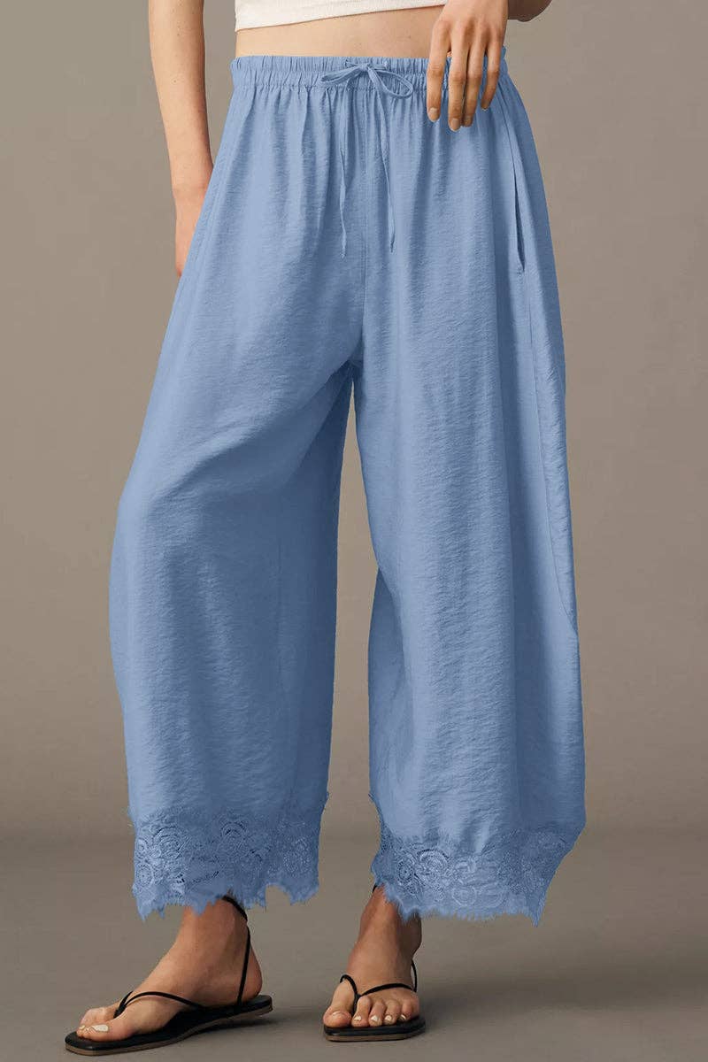 Blue Wide-Leg Lace Trim Casual Pants