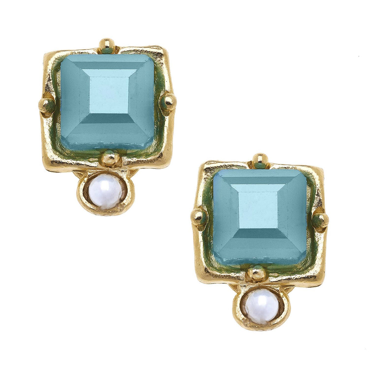 London Aqua Crystal + Pearl Detail Studs