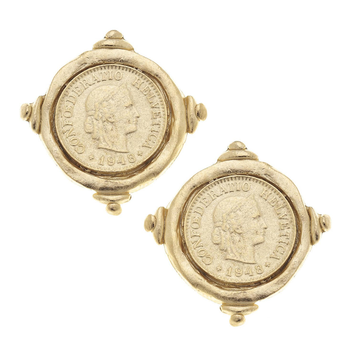 Gold Intaglio Coin Pierced Earrings