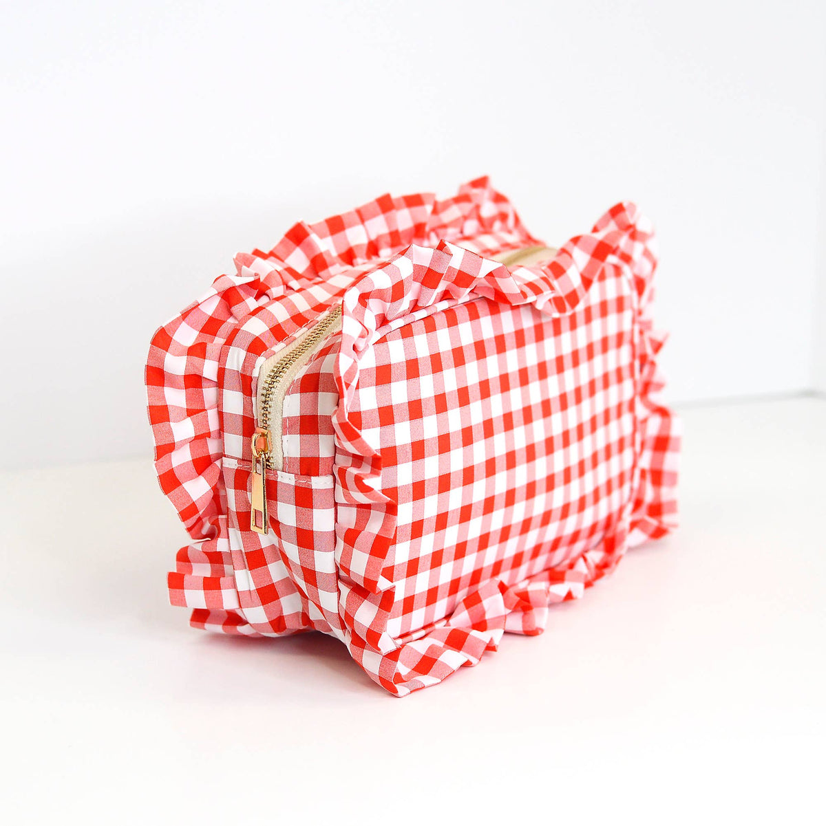 Gingham Ruffle Zipper Pouch Embroidery Friendly Cosmetic Bag: Green