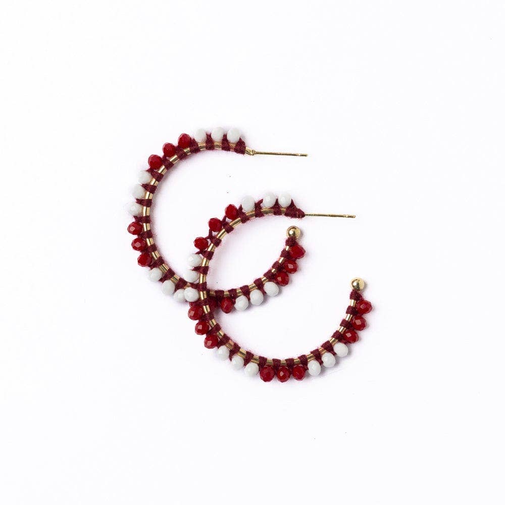 Game Day Crystal Threaded Beads Hoop Earrings Maroon + White