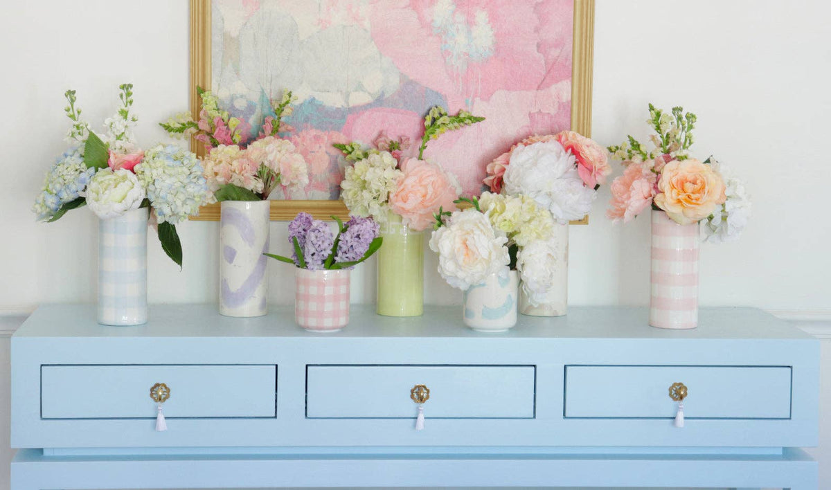 French Blue Gingham Column Vase