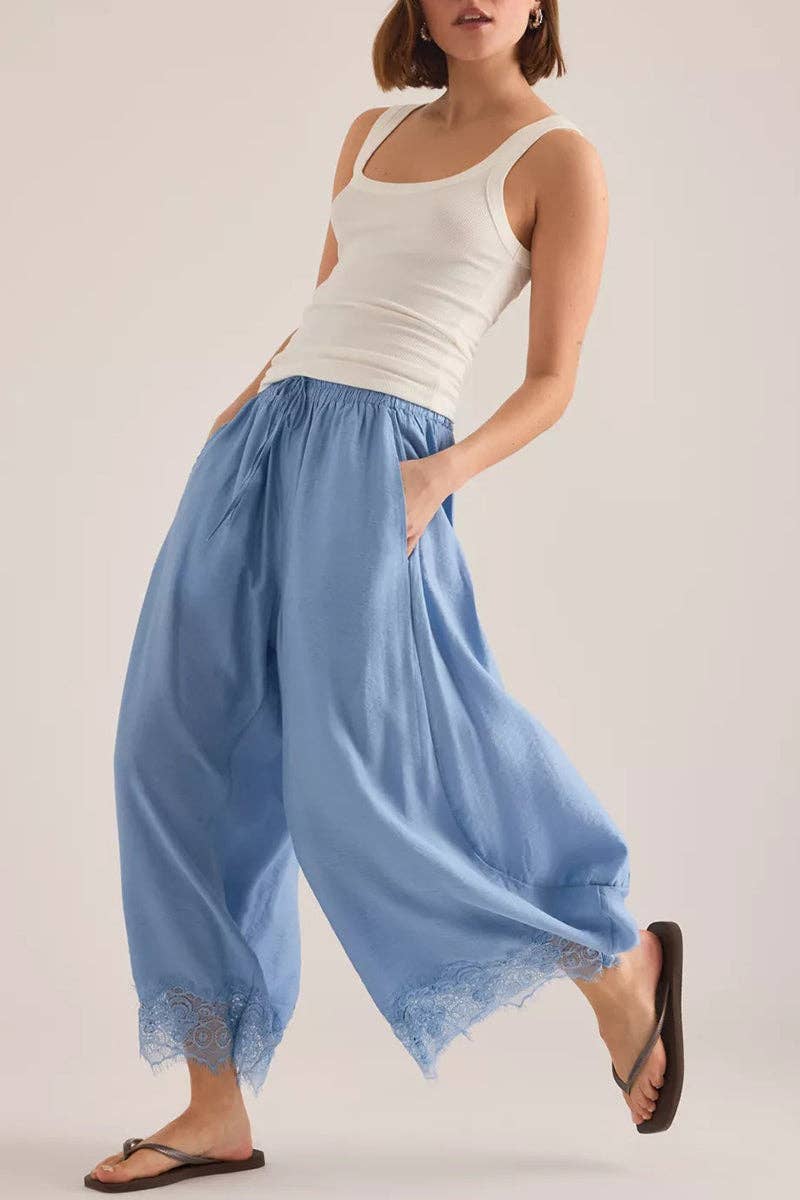Blue Wide-Leg Lace Trim Casual Pants
