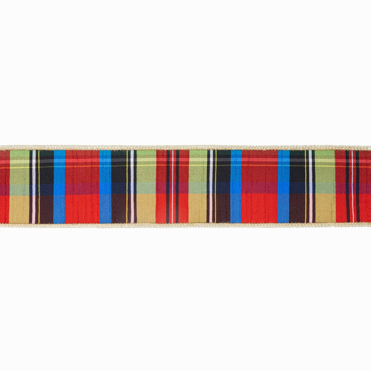 2 1/2" Wired Ribbon | Black/Lime/Red/Royal Plaid w/ Gold Dupioni-fused Backing | 10 Yard Roll