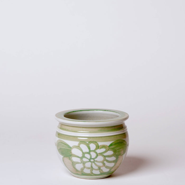 Hand Painted Floral Green and White Porcelain Small Pot