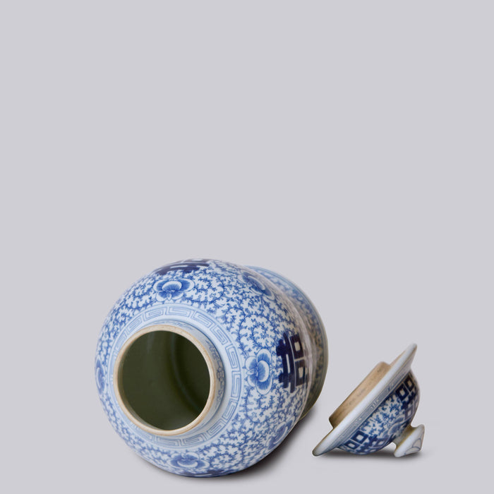 Medium Blue and White Porcelain Double Happiness Temple Jar