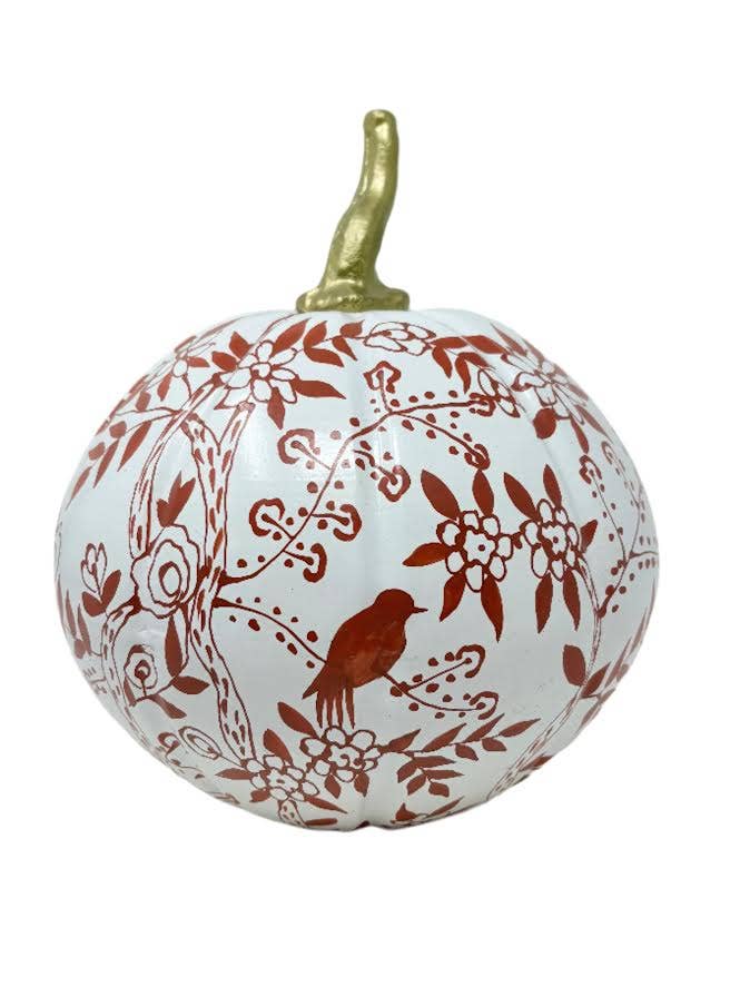 Medium Red & White Bird & Vine Pumpkin