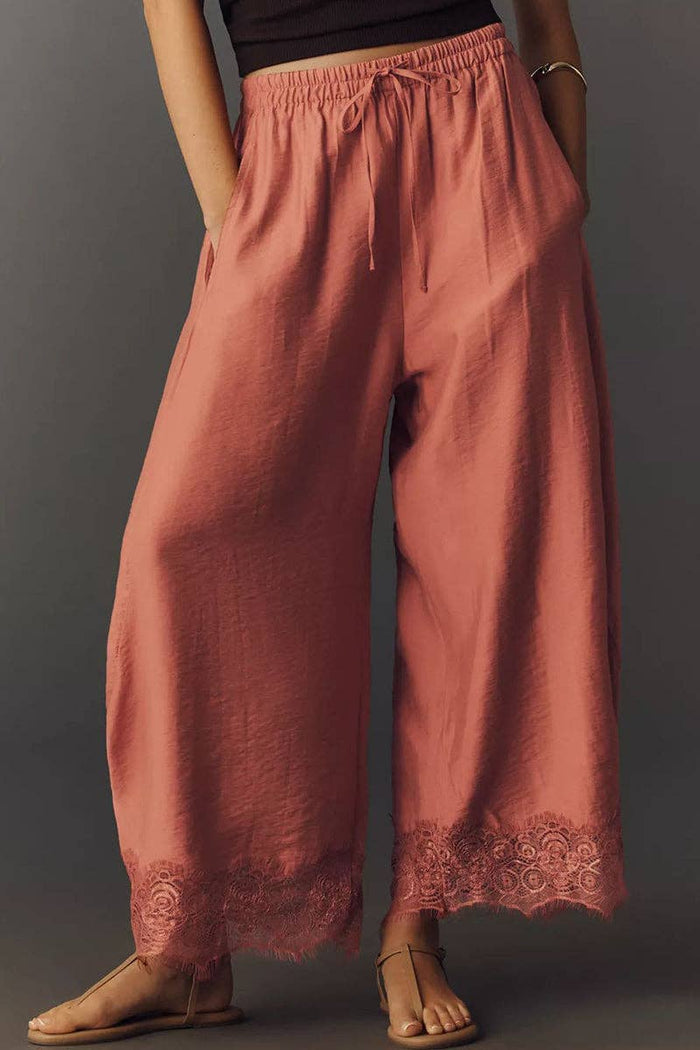 Vintage Red Wide-Leg Lace Trim Casual Pants