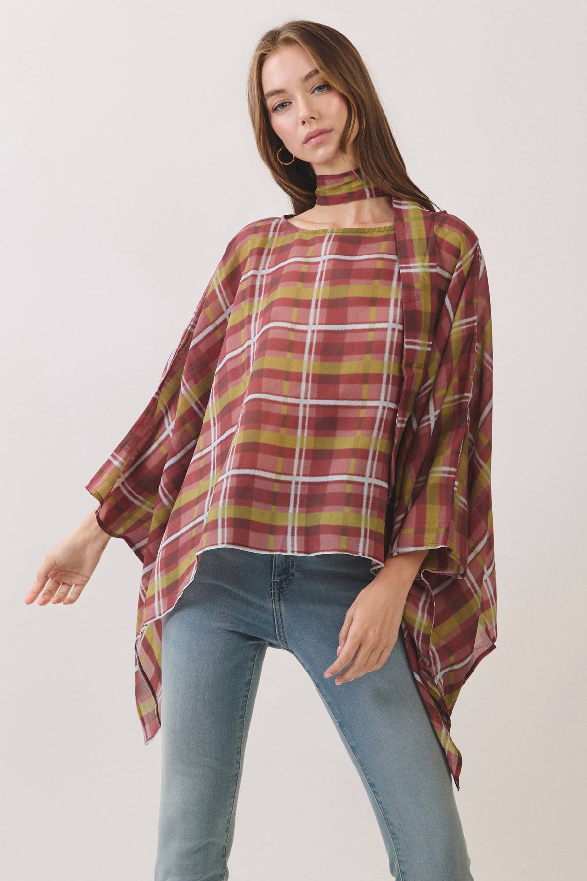 Plaid Poncho Top W/ Scarf