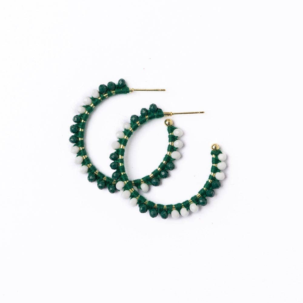 Game Day Crystal Threaded Beads Hoop Earrings Green