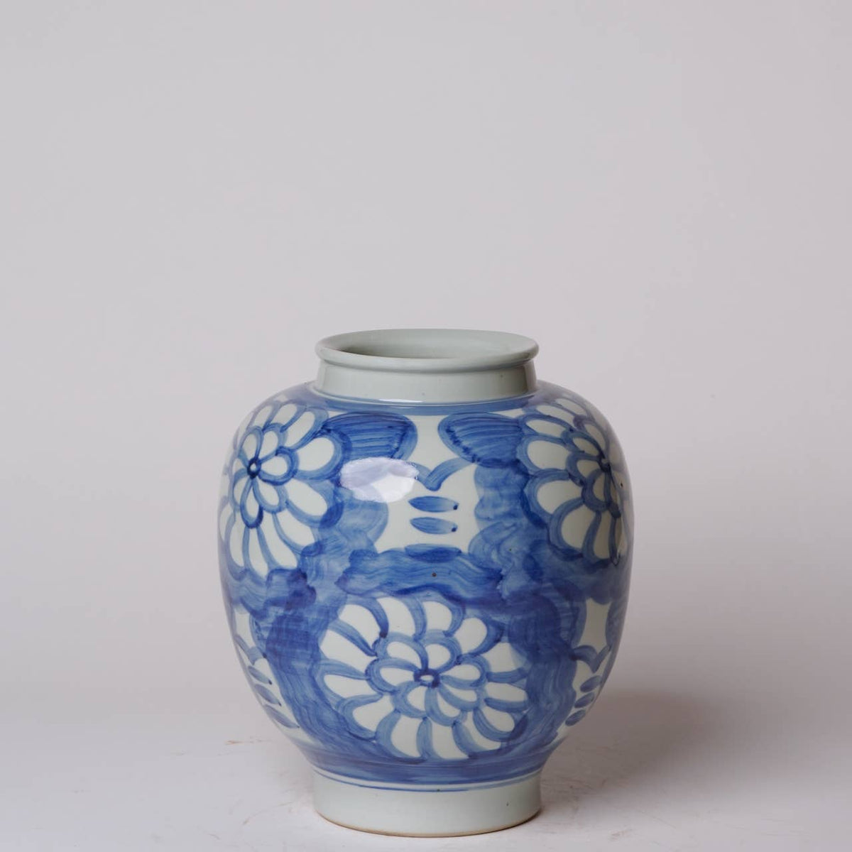 Hand Painted Floral Blue and White Porcelain Globe Vase