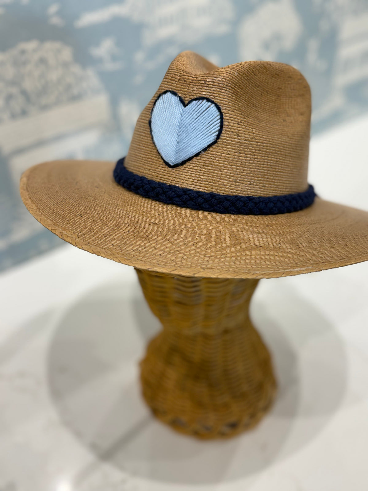 TIPSY THREADS Hat with Blue Heart + Navy Braid
