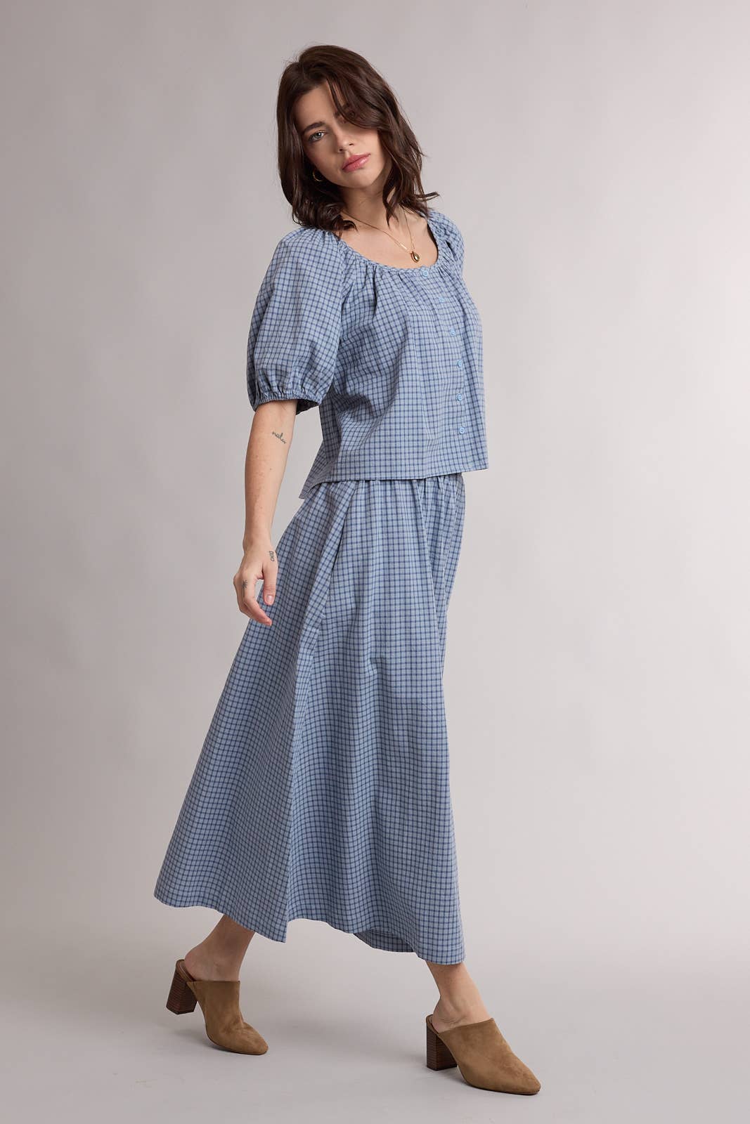 Blueberry Plaid Puff Sleeve Skirt Set