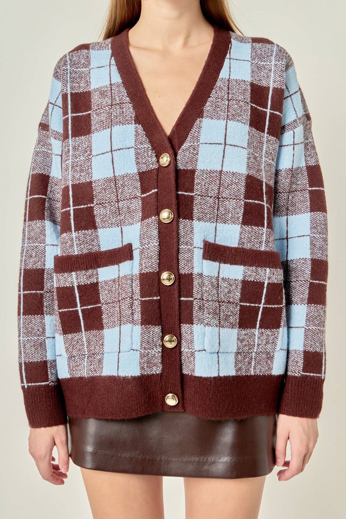 Oversized Plaid Knit Cardigan