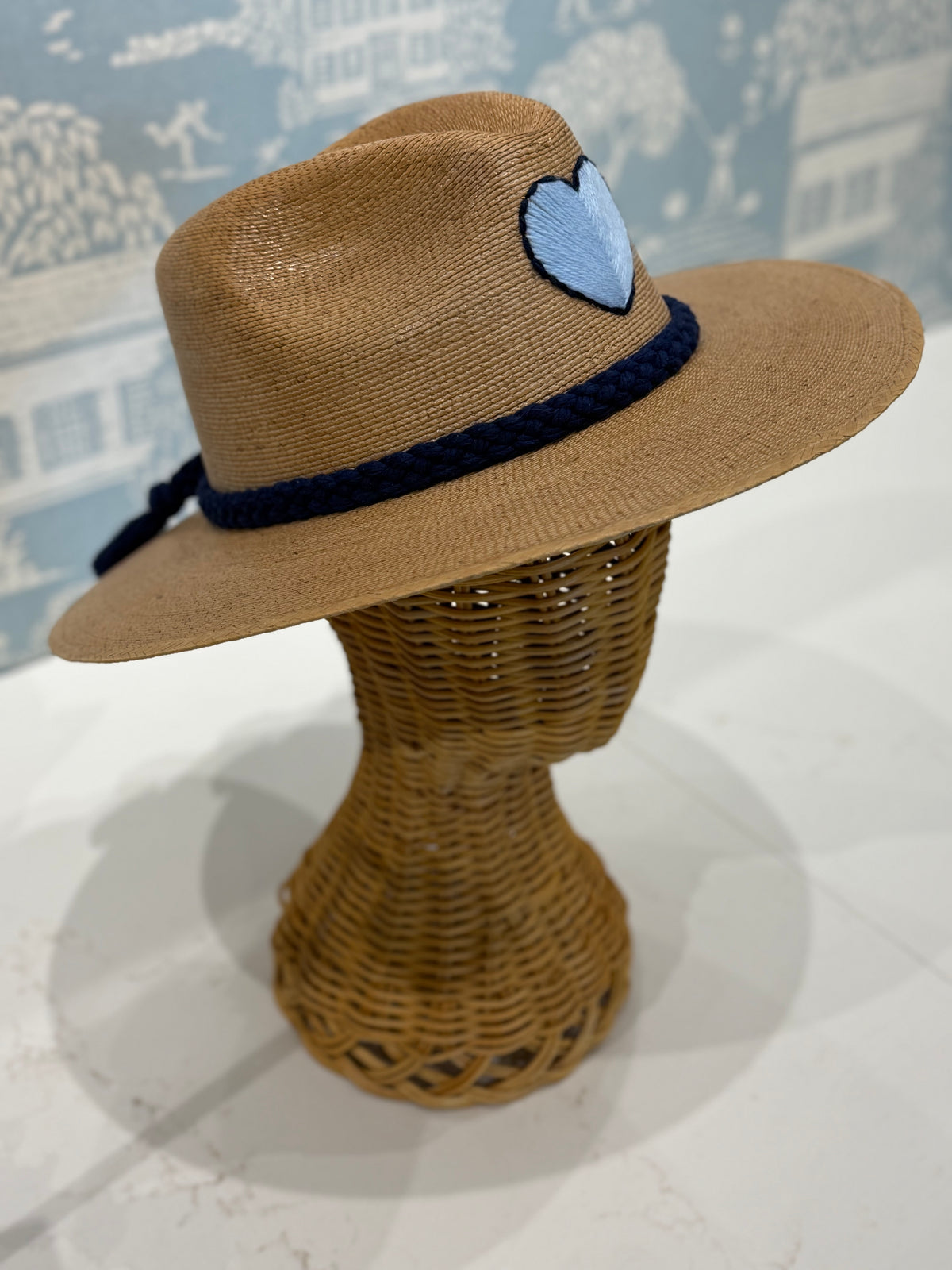 TIPSY THREADS Hat with Blue Heart + Navy Braid