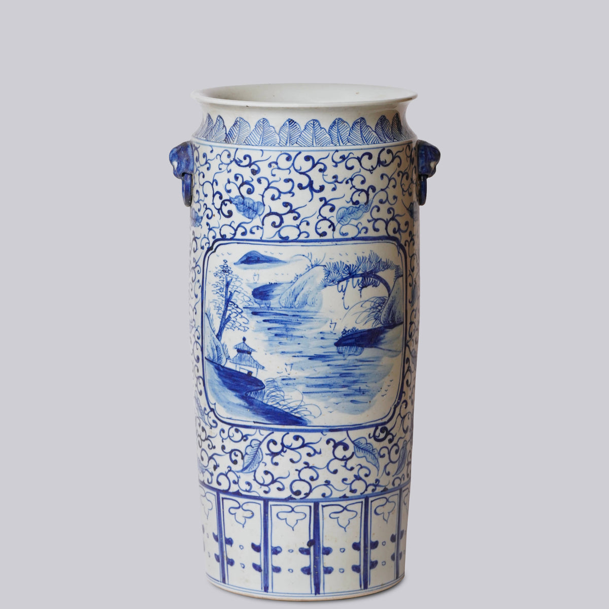 Blue and White Landscape Cartouche Porcelain Umbrella Stand
