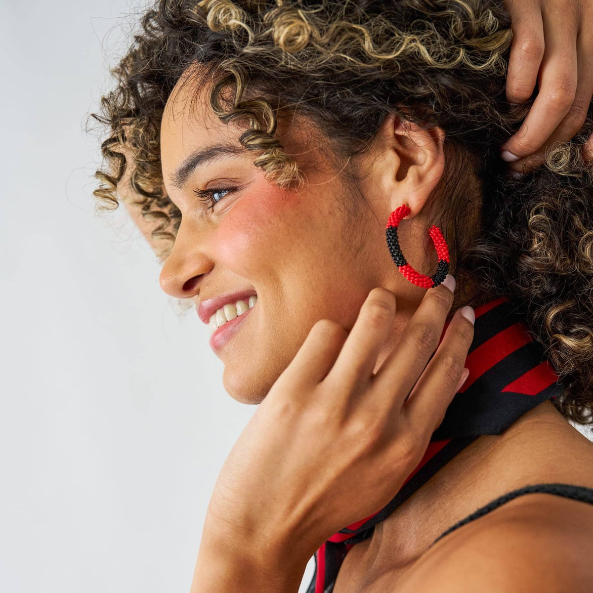 Game Day Beaded Color Block Hoop Earrings Red + Black