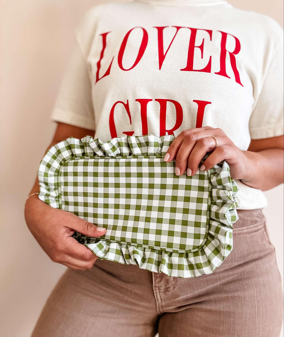 Gingham Ruffle Zipper Pouch Embroidery Friendly Cosmetic Bag: Red