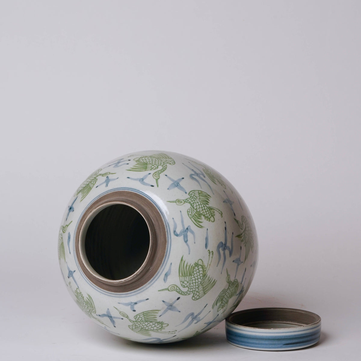 Blue and Green Porcelain Cranes and Clouds Round Storage Jar