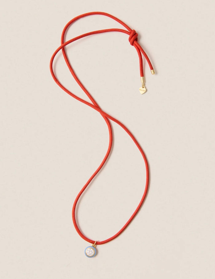HART Coral Red Cord Necklace with Blue Enamel Bezel Charm