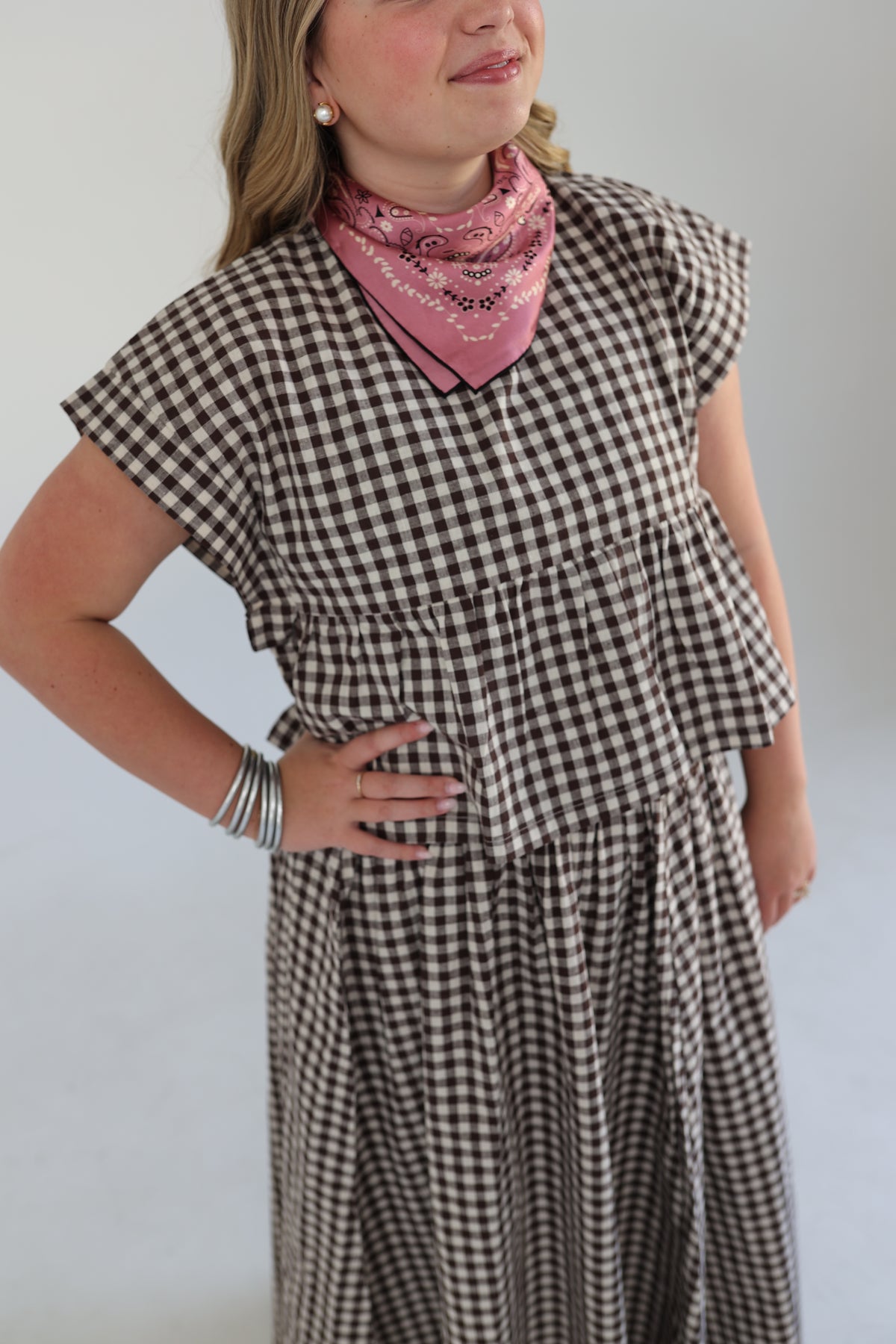 Emerson Fry Dolman Peplum Top- Cocoa Gingham