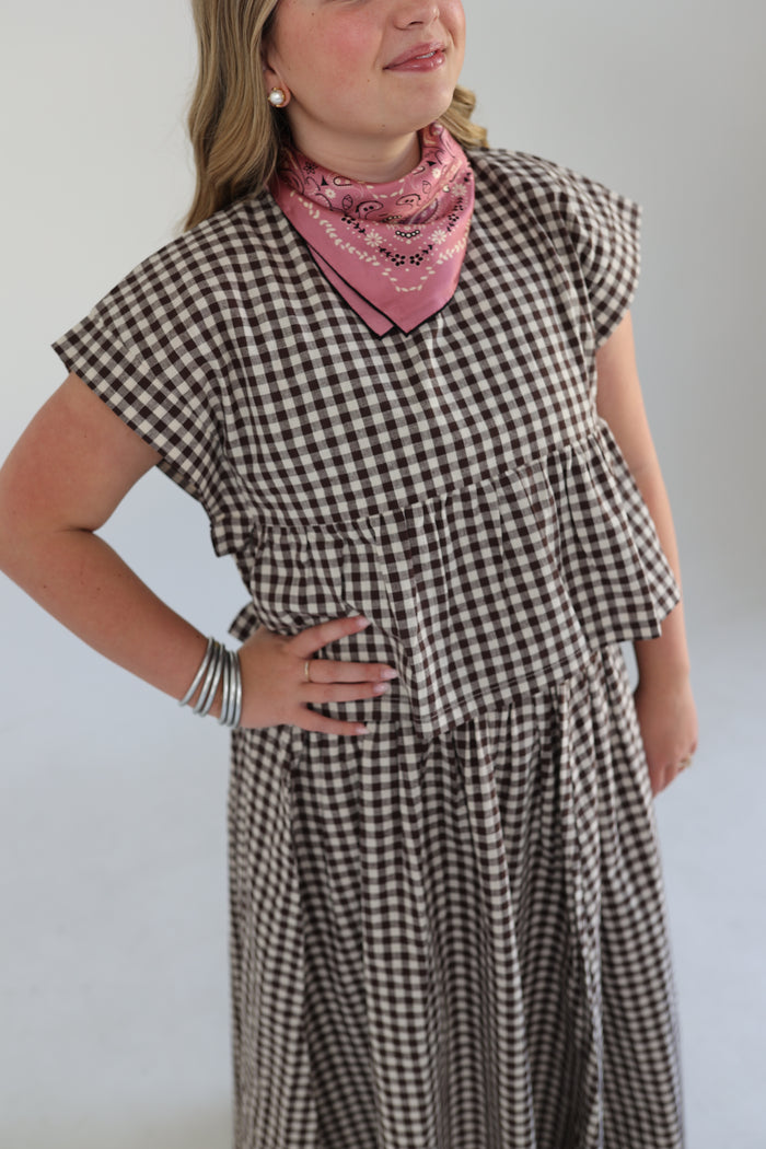 Emerson Fry Dolman Peplum Top- Cocoa Gingham