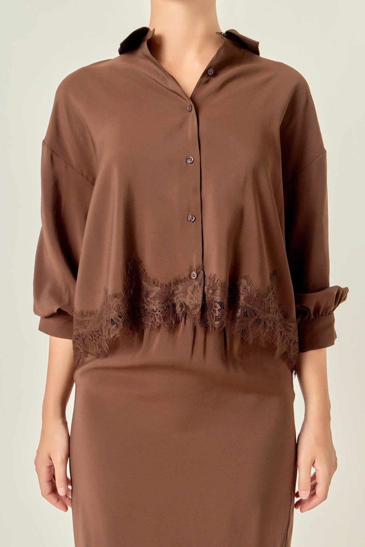 Lace Hem Button-Up Blouse