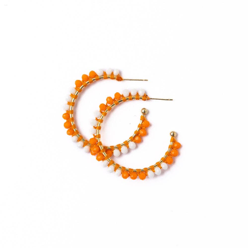 Game Day Crystal Threaded Beads Hoop Earrings Orange + White