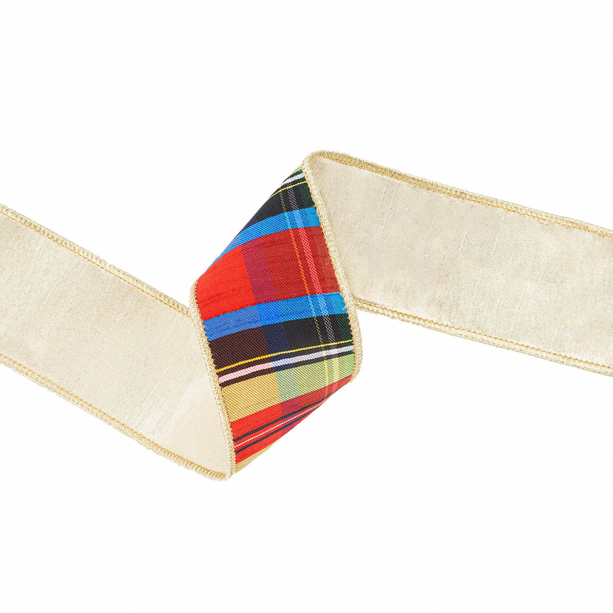 2 1/2" Wired Ribbon | Black/Lime/Red/Royal Plaid w/ Gold Dupioni-fused Backing | 10 Yard Roll