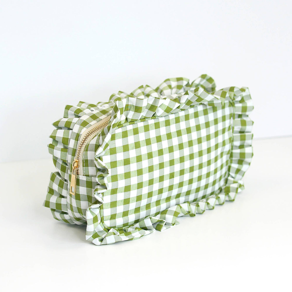 Gingham Ruffle Zipper Pouch Embroidery Friendly Cosmetic Bag: Red