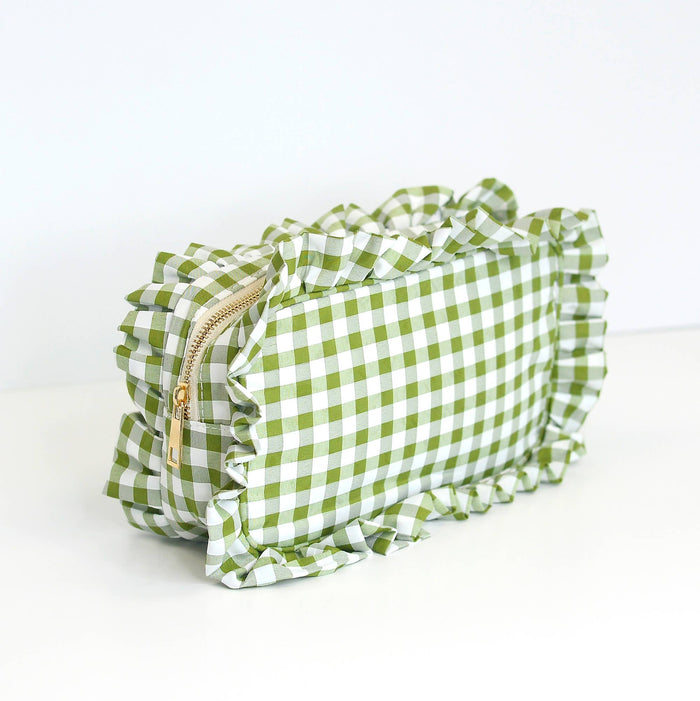 Gingham Ruffle Zipper Pouch Embroidery Friendly Cosmetic Bag: Green