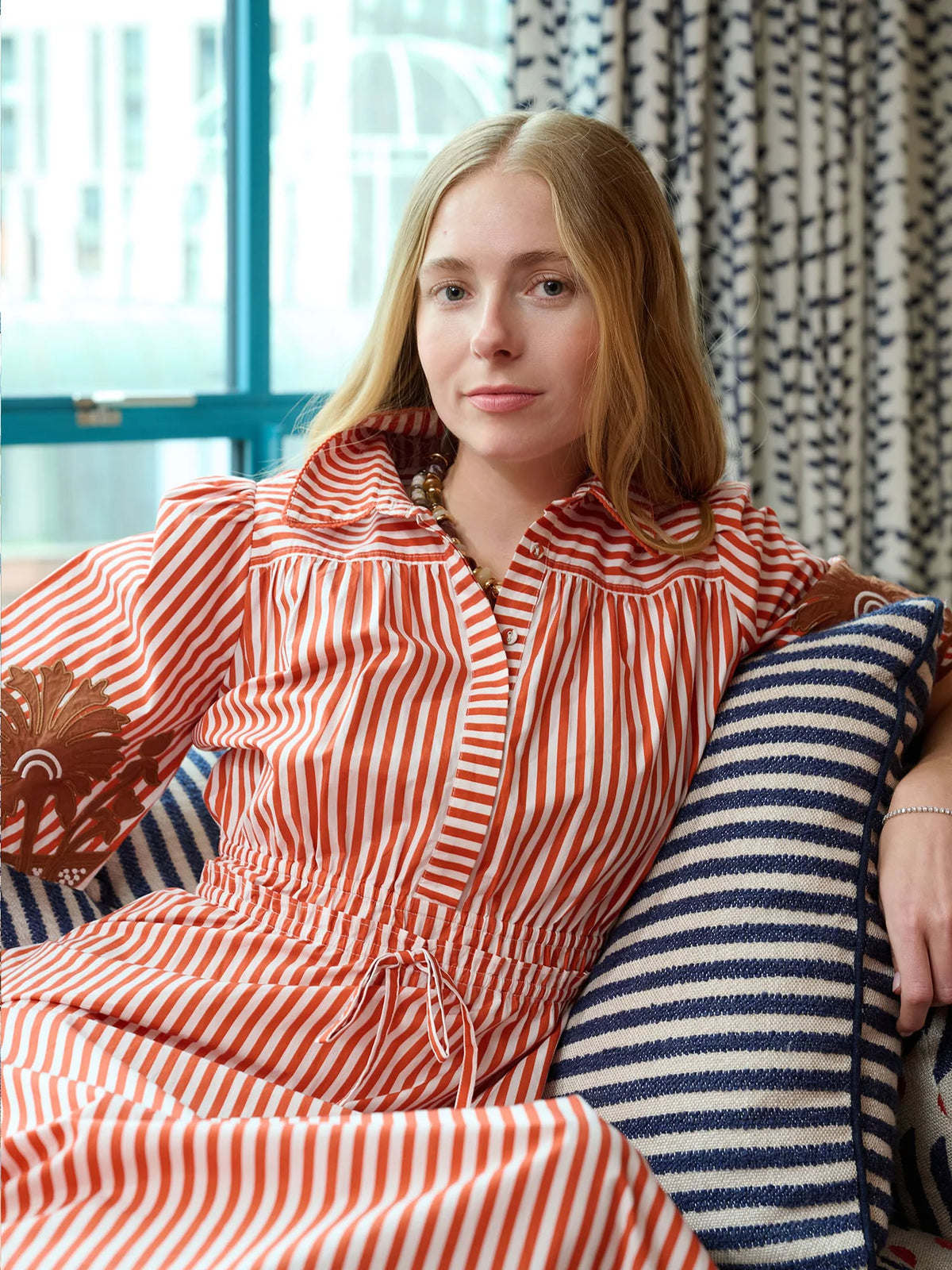 Banyan Puff Sleeve Midi Dress - Terracotta Stripe