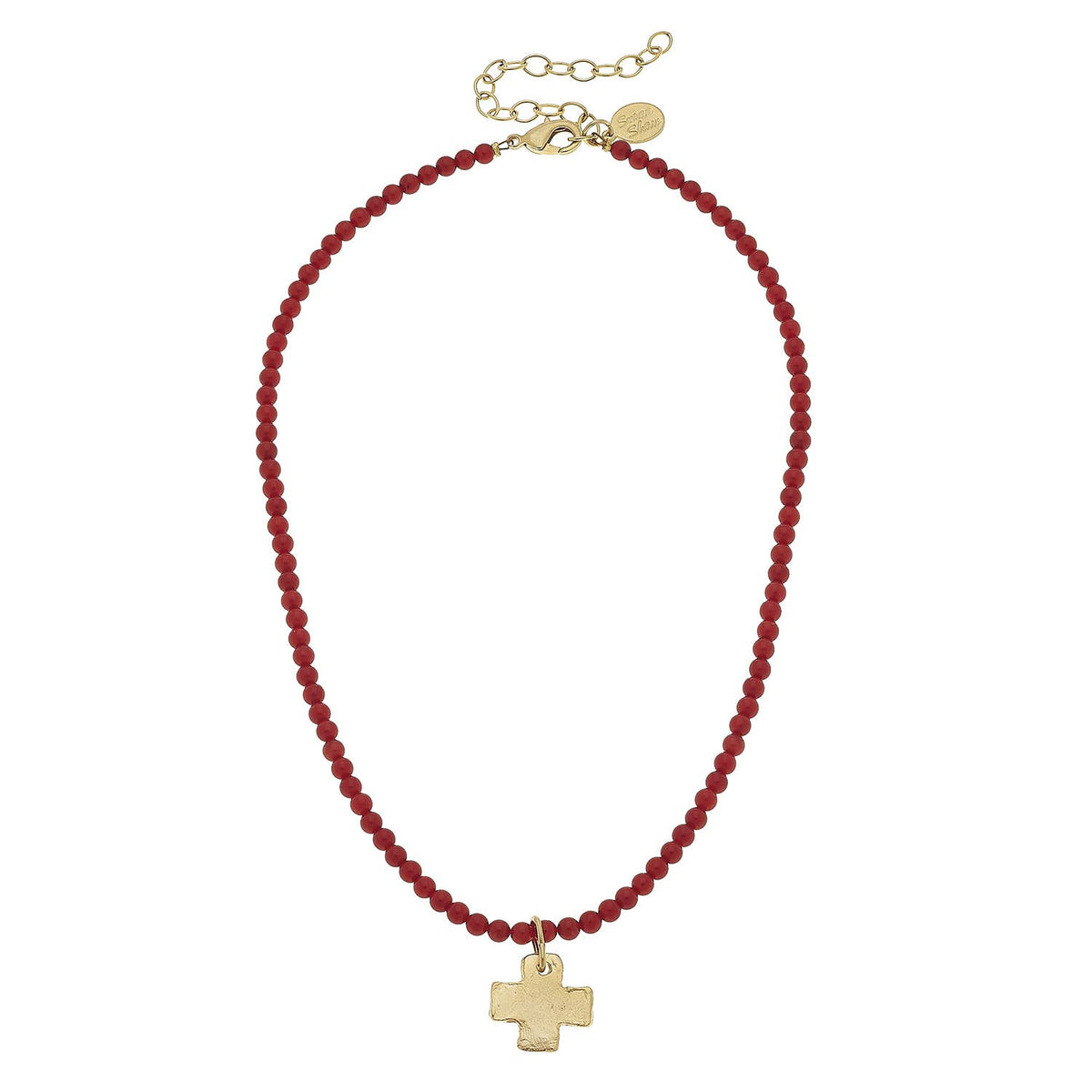 Gold Cross on Red Coral Beaded Necklace