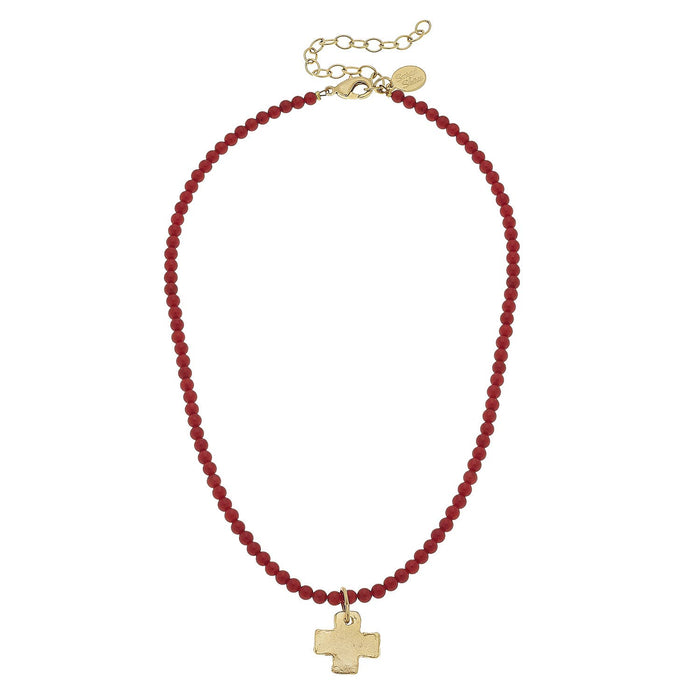 Gold Cross on Red Coral Beaded Necklace