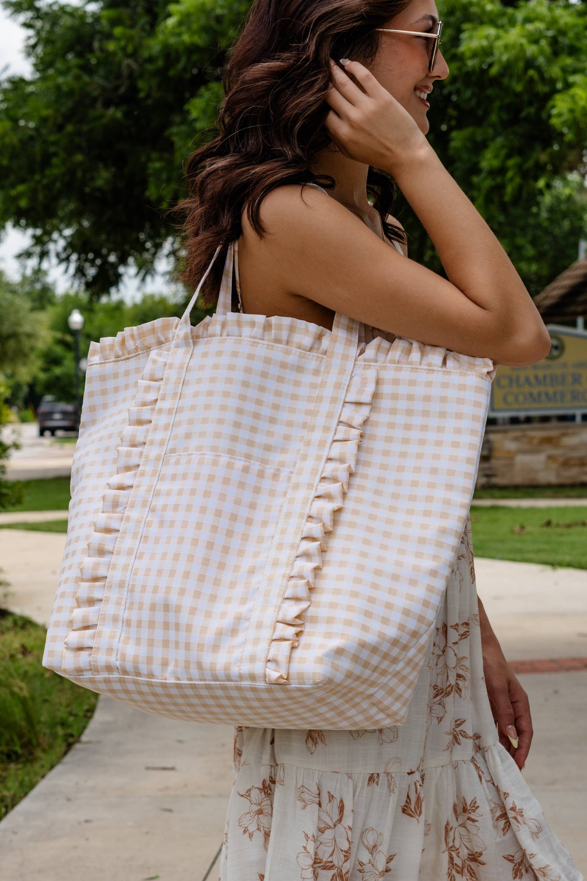 Gingham Ruffle Tote Bag Gingham Tote Embroidery Friendly : Light Blue