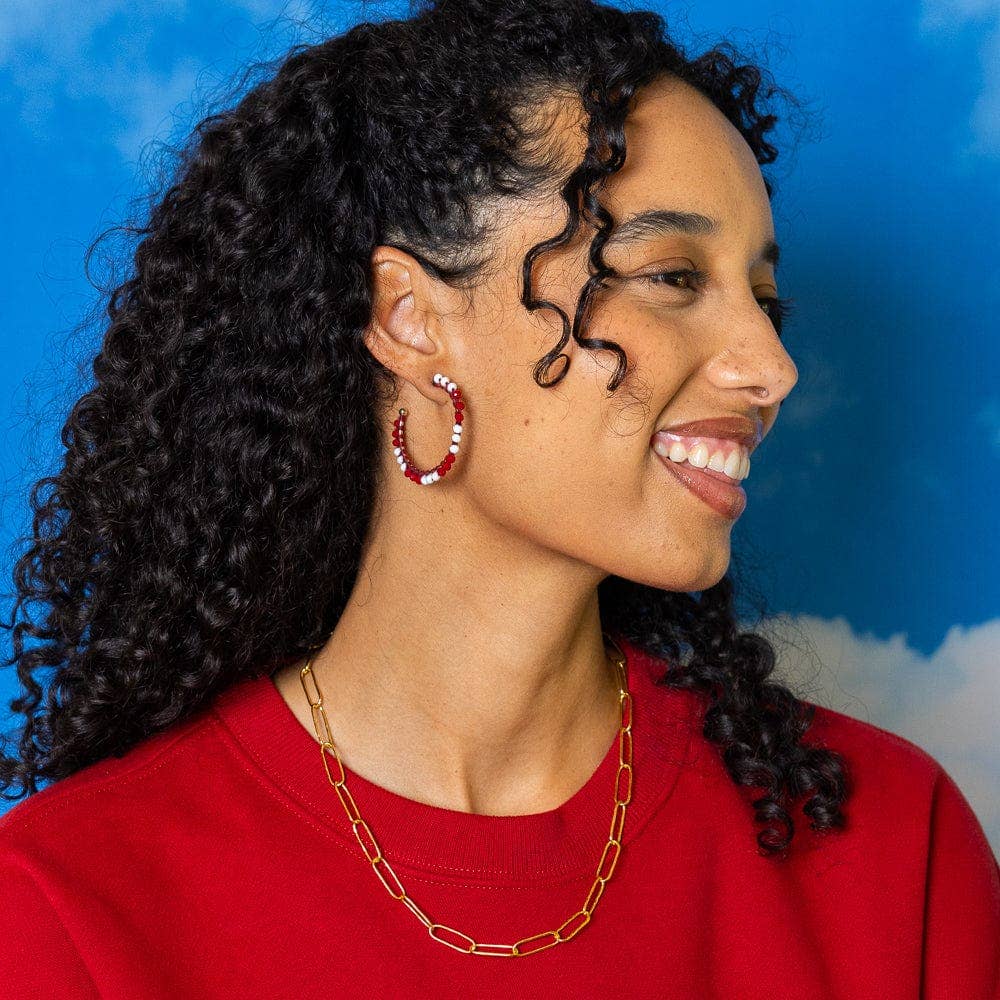 Game Day Crystal Threaded Beads Hoop Earrings Maroon + White