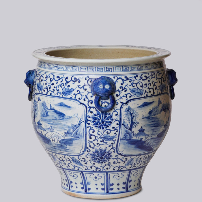 Blue and White Landscape Cartouche Porcelain Planter