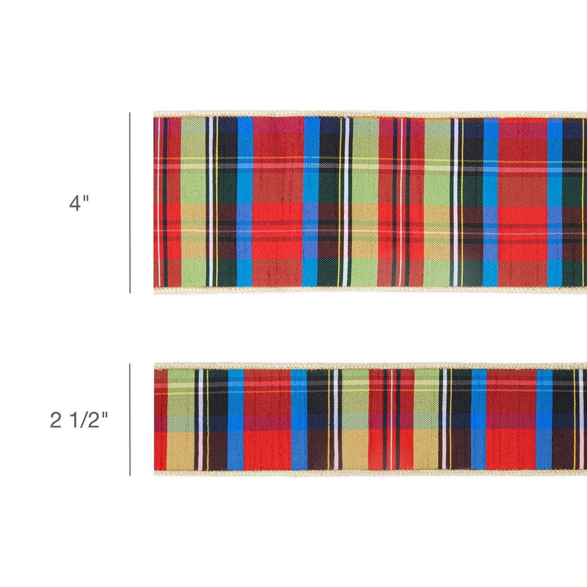 2 1/2" Wired Ribbon | Black/Lime/Red/Royal Plaid w/ Gold Dupioni-fused Backing | 10 Yard Roll