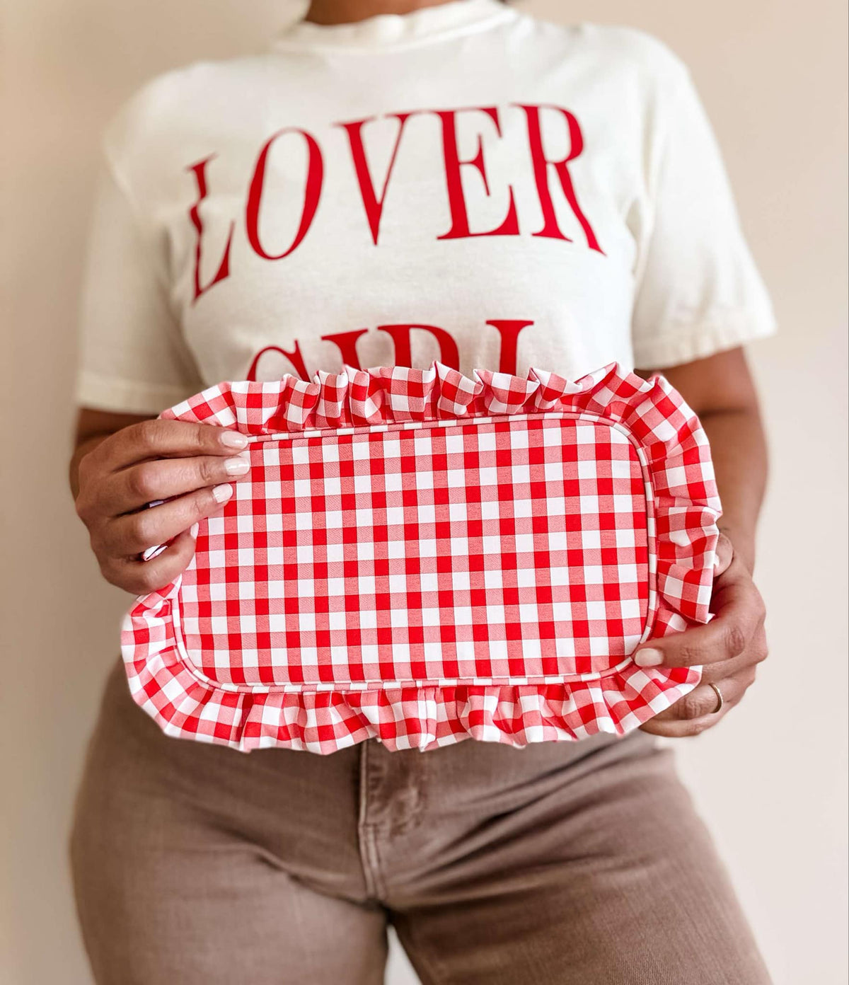 Gingham Ruffle Zipper Pouch Embroidery Friendly Cosmetic Bag: Tan