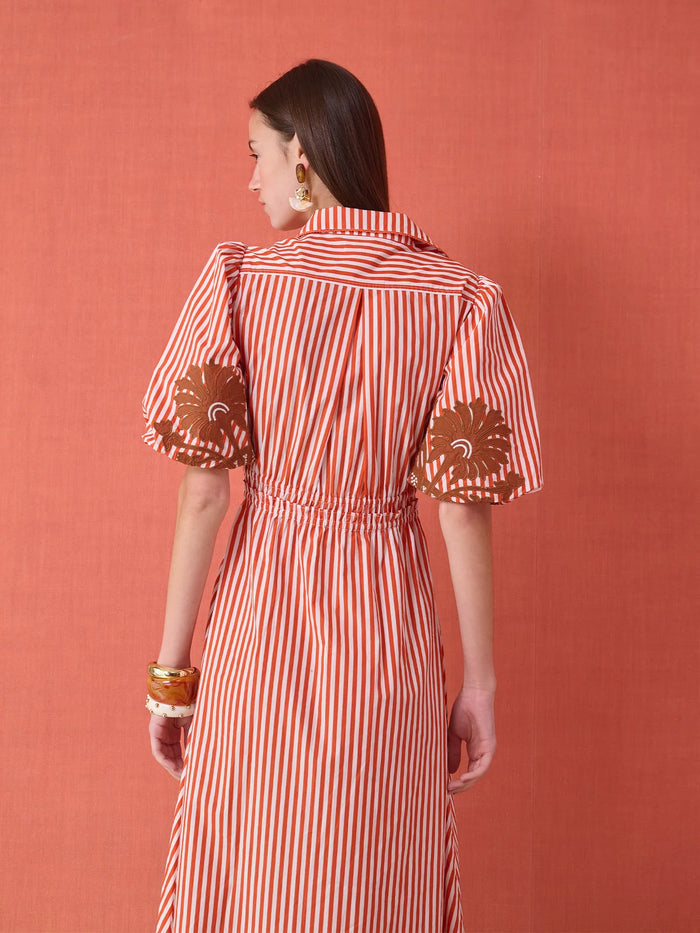 Banyan Puff Sleeve Midi Dress - Terracotta Stripe