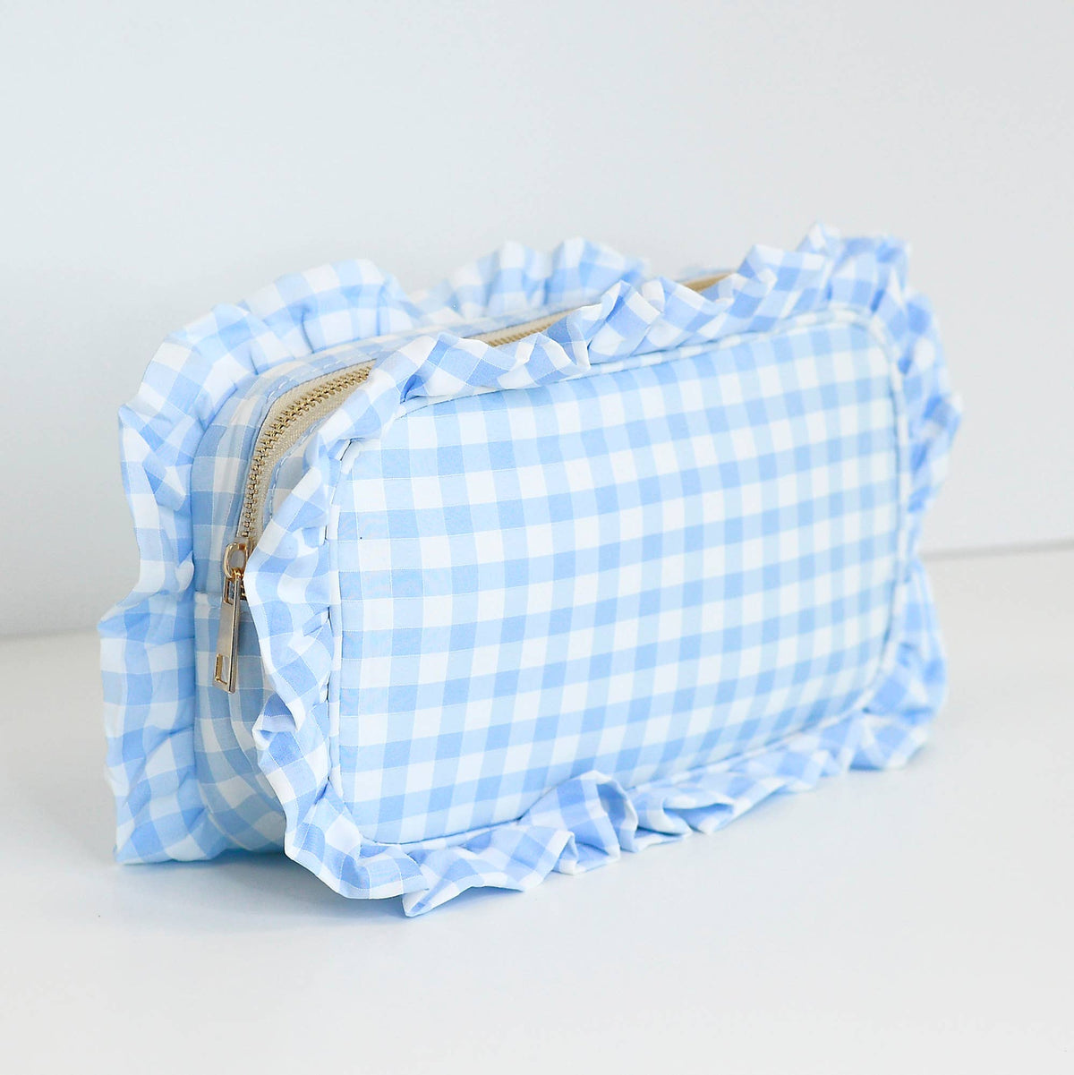 Gingham Ruffle Zipper Pouch Embroidery Friendly Cosmetic Bag: Green