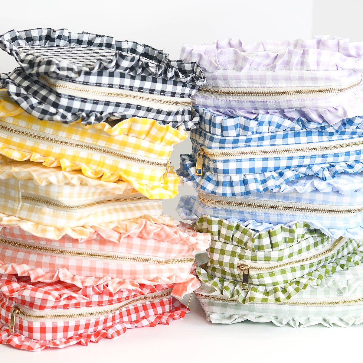 Gingham Ruffle Zipper Pouch Embroidery Friendly Cosmetic Bag: Tan