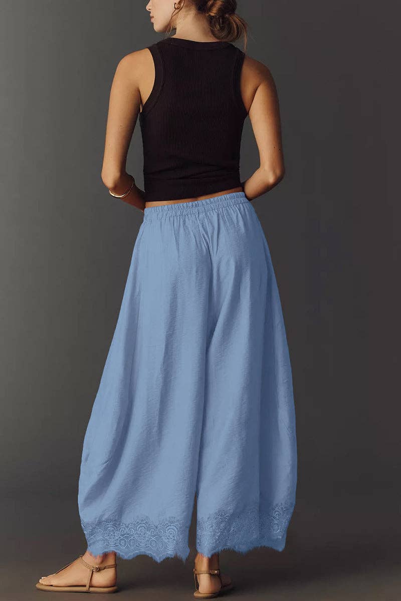 Blue Wide-Leg Lace Trim Casual Pants